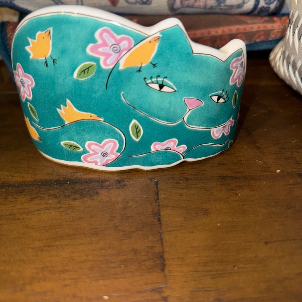 Soap dish Teal Cat Figurine with Birds and Flowers